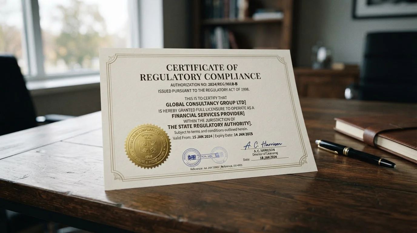 Official licensing document with regulatory authority seal