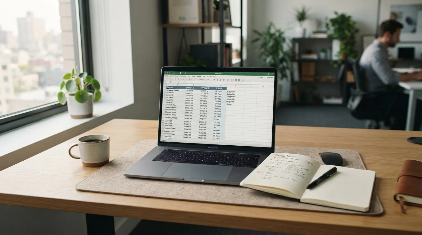 Laptop displaying casino comparison spreadsheet with notepad and handwritten notes