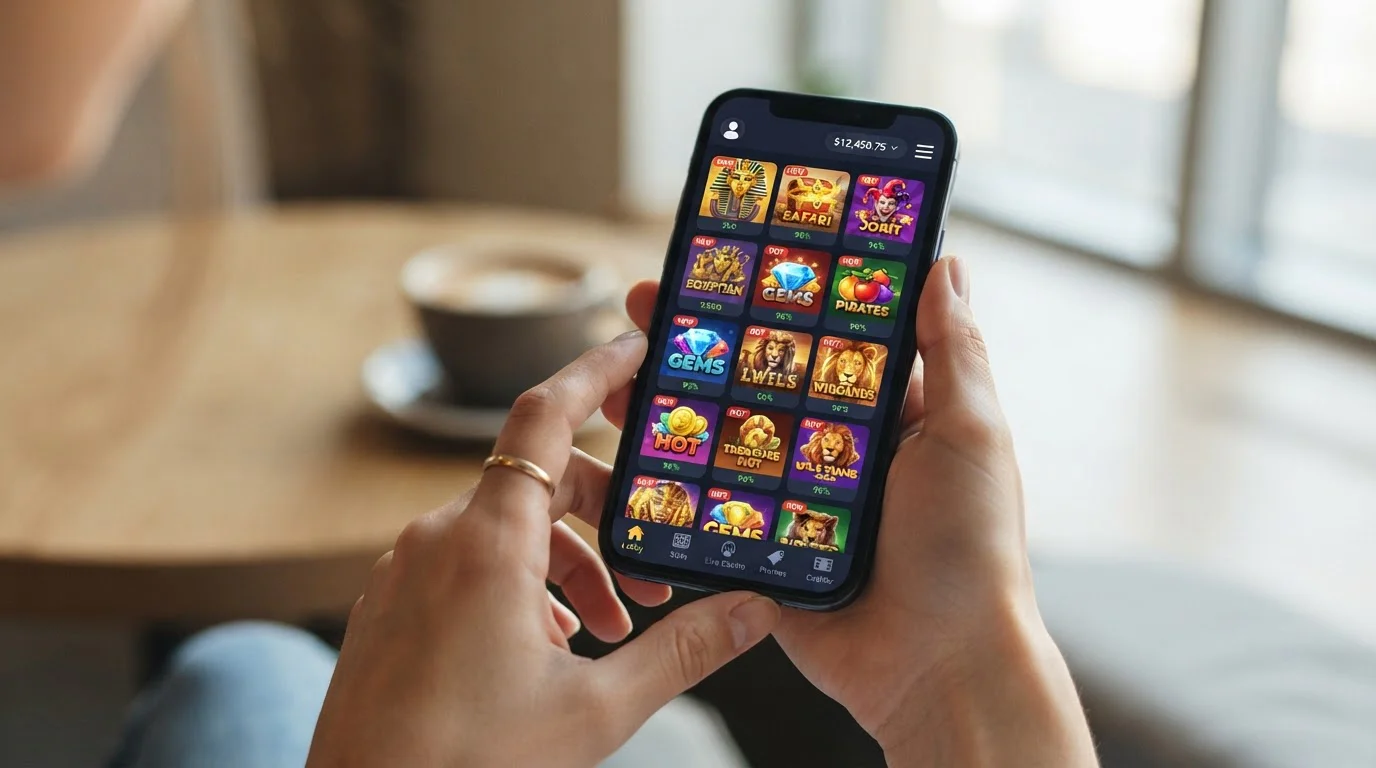 Clean mobile casino interface showing slots library on smartphone screen