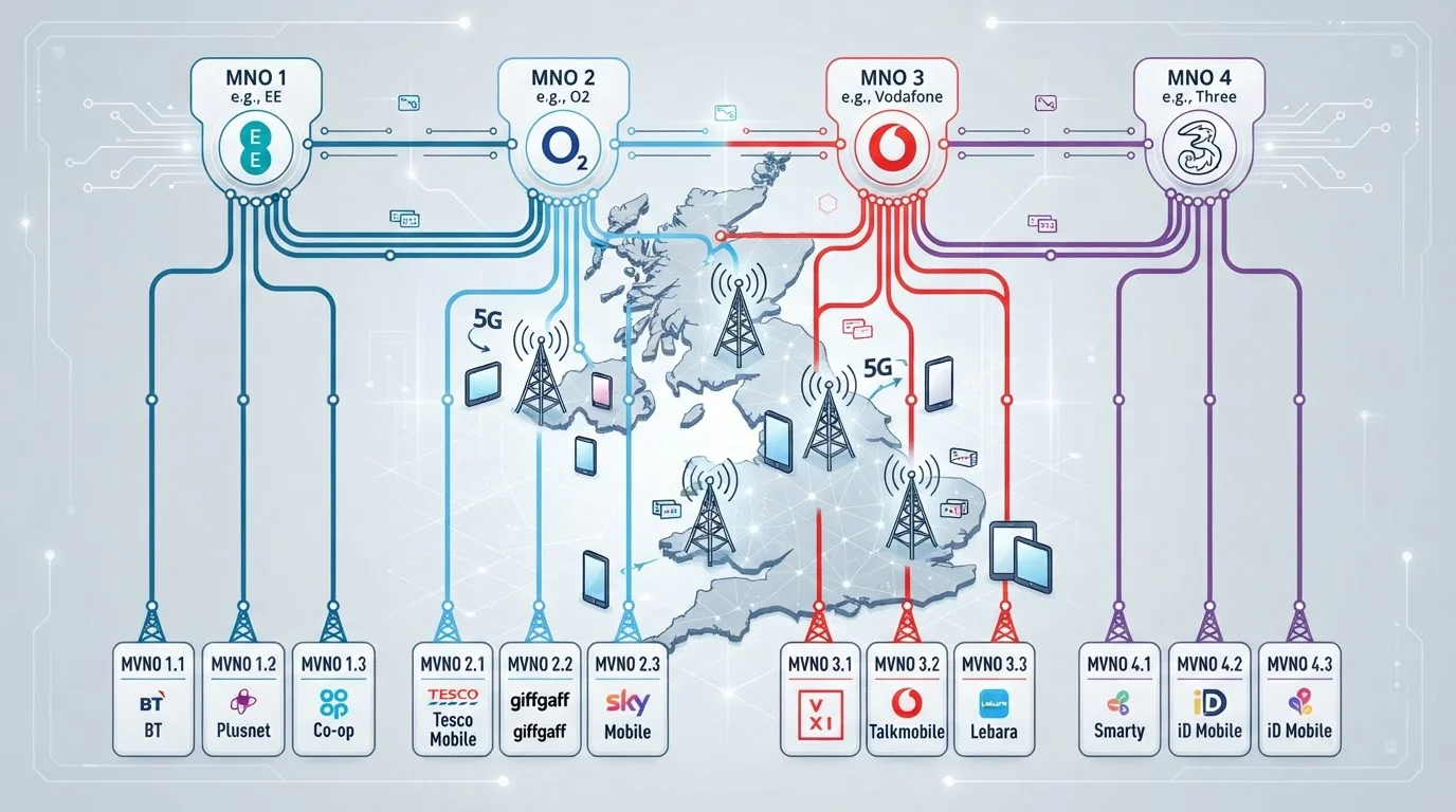 UK mobile network towers with clean diagram showing MNO and MVNO relationships