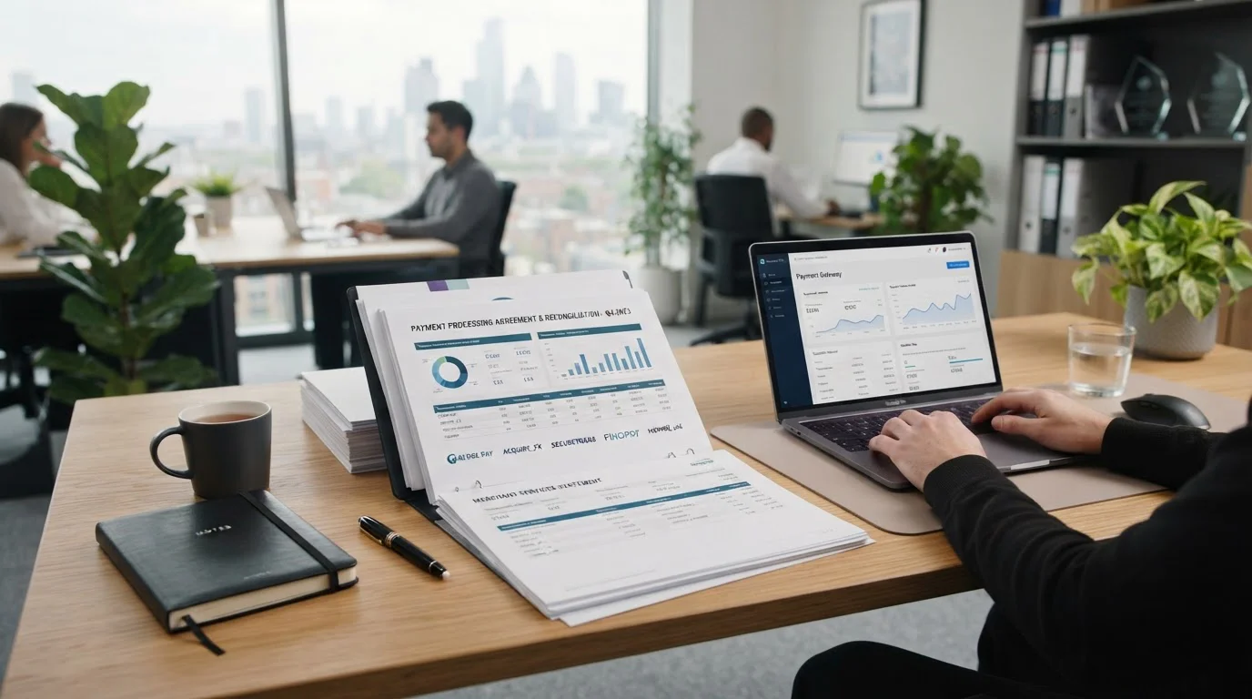 Clean office desk with payment provider documentation and UK mobile network logos