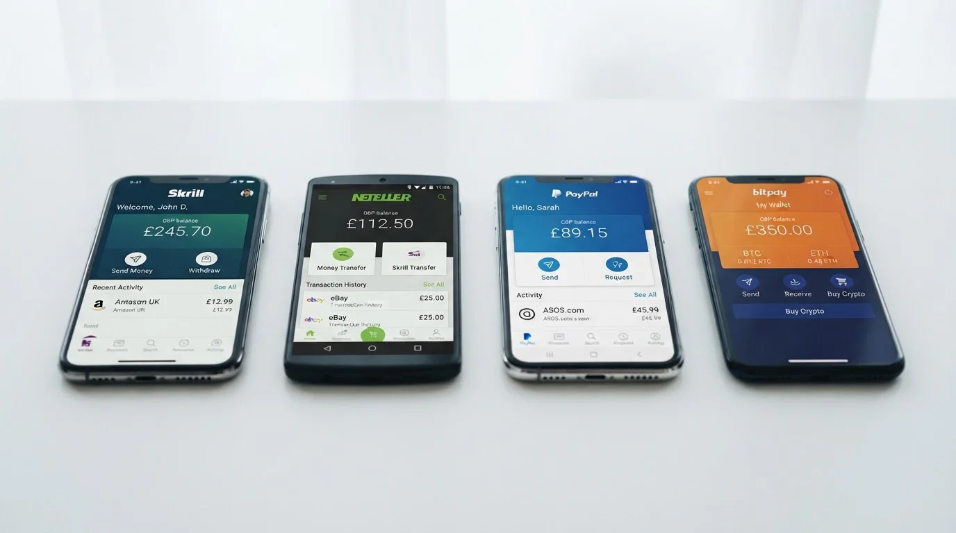 Side-by-side mobile screens showing Skrill, Neteller, PayPal, and crypto wallet interfaces