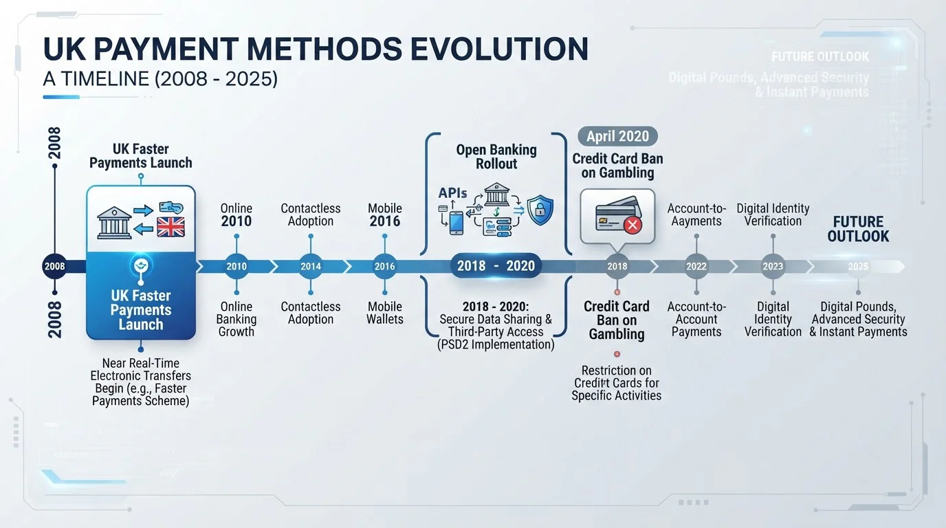 Timeline diagram showing the evolution from paper cheques to Faster Payments and Open Banking