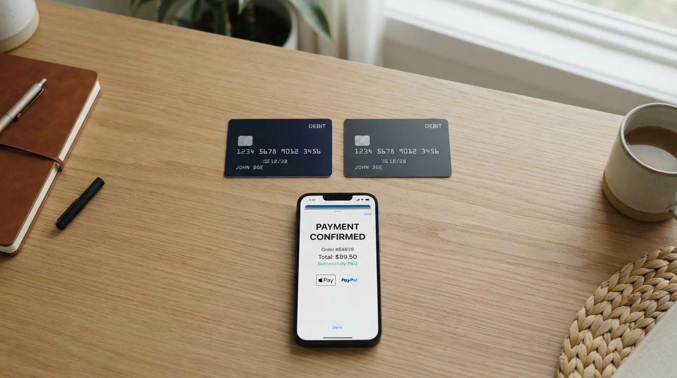 Payment cards and smartphone showing payment app interface with digital wallet icons