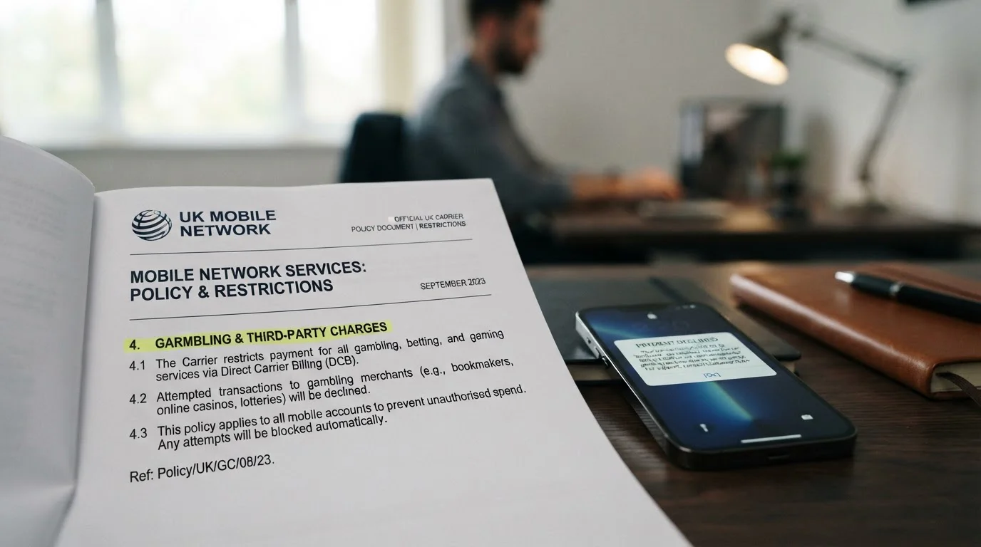 Document showing UK mobile carrier gambling charges policy with highlighted restrictions