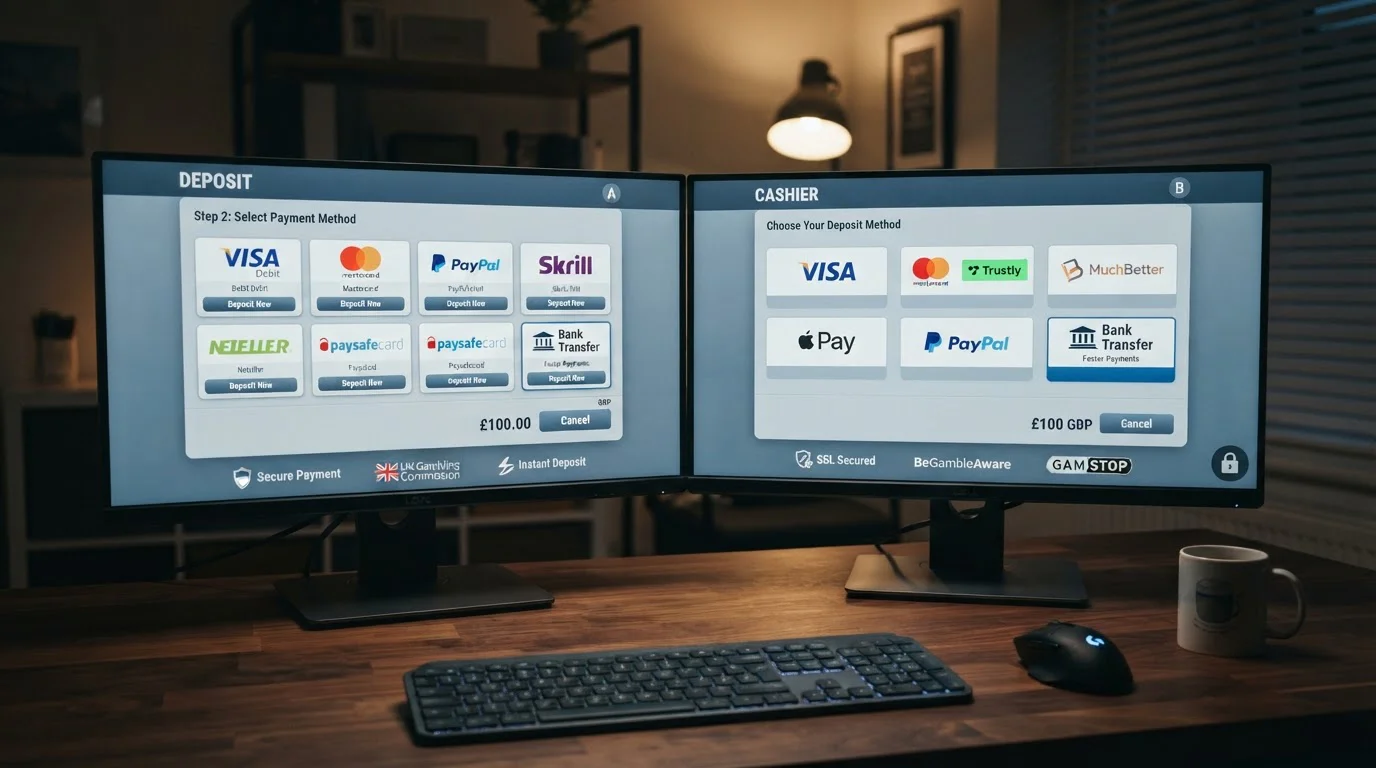 Comparison of UK casino cashier interfaces showing Trustly payment option
