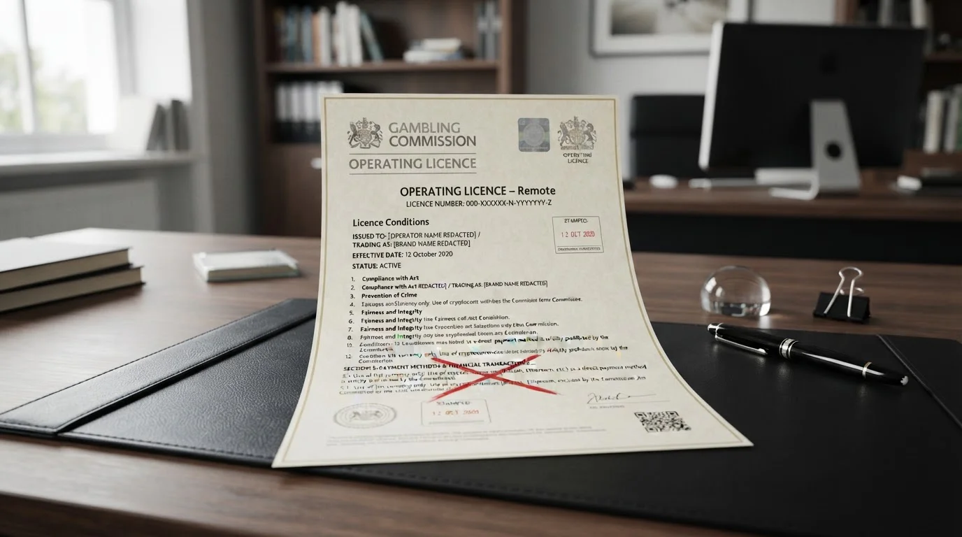 UKGC licence document with cryptocurrency crossed out, regulatory framework illustration