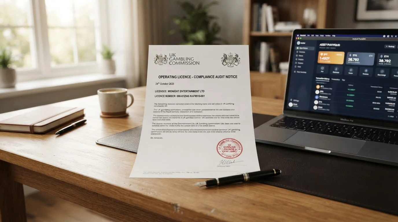 Official UK Gambling Commission document on a desk with a cryptocurrency wallet interface on a laptop screen