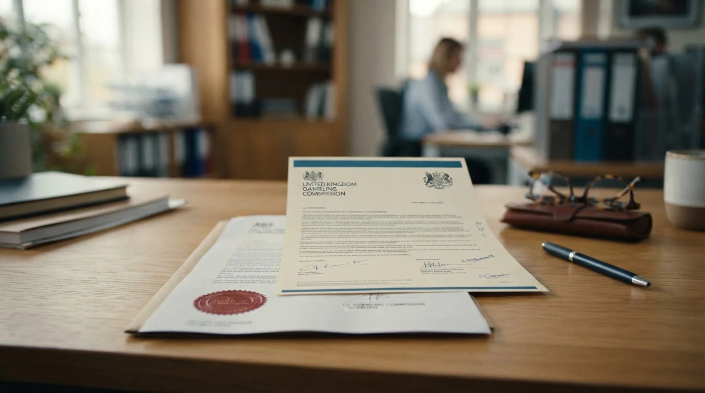 UK Gambling Commission regulatory document with official stamp on desk