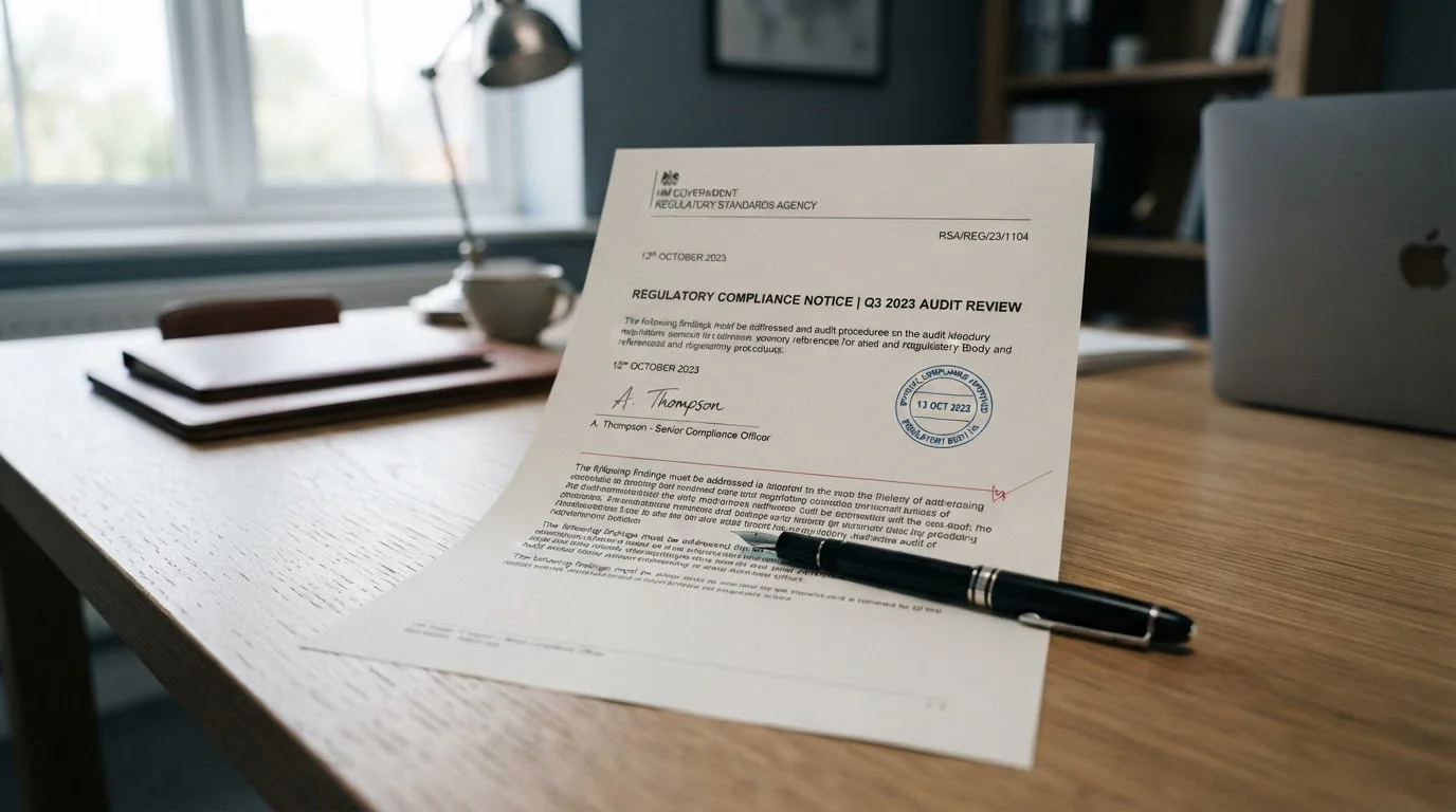 UK regulatory document with official stamp and formal letterhead