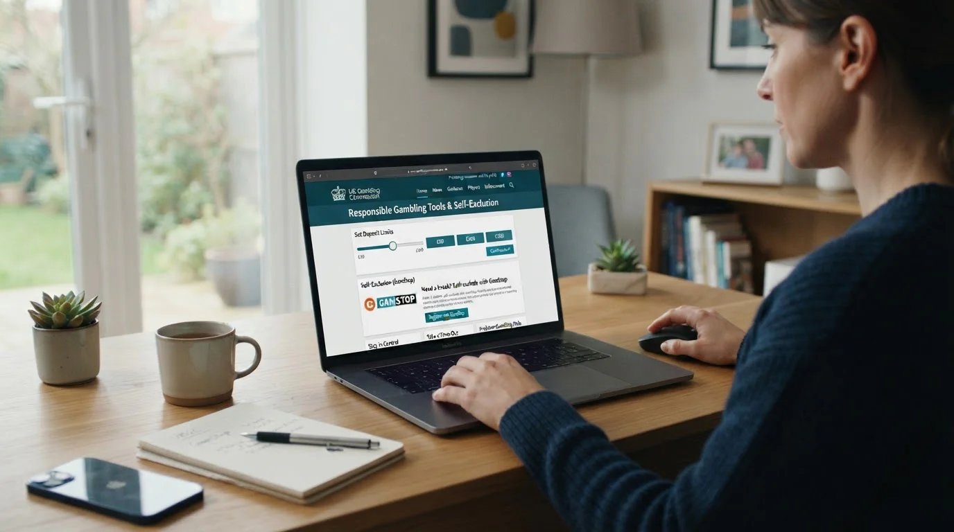 UKGC logo and GamStop self-exclusion register information displayed on screen