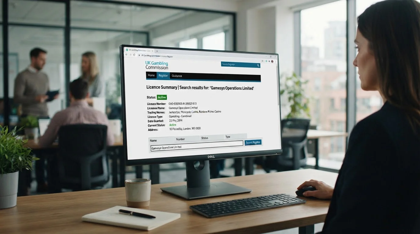 UKGC register search interface showing active casino licence verification