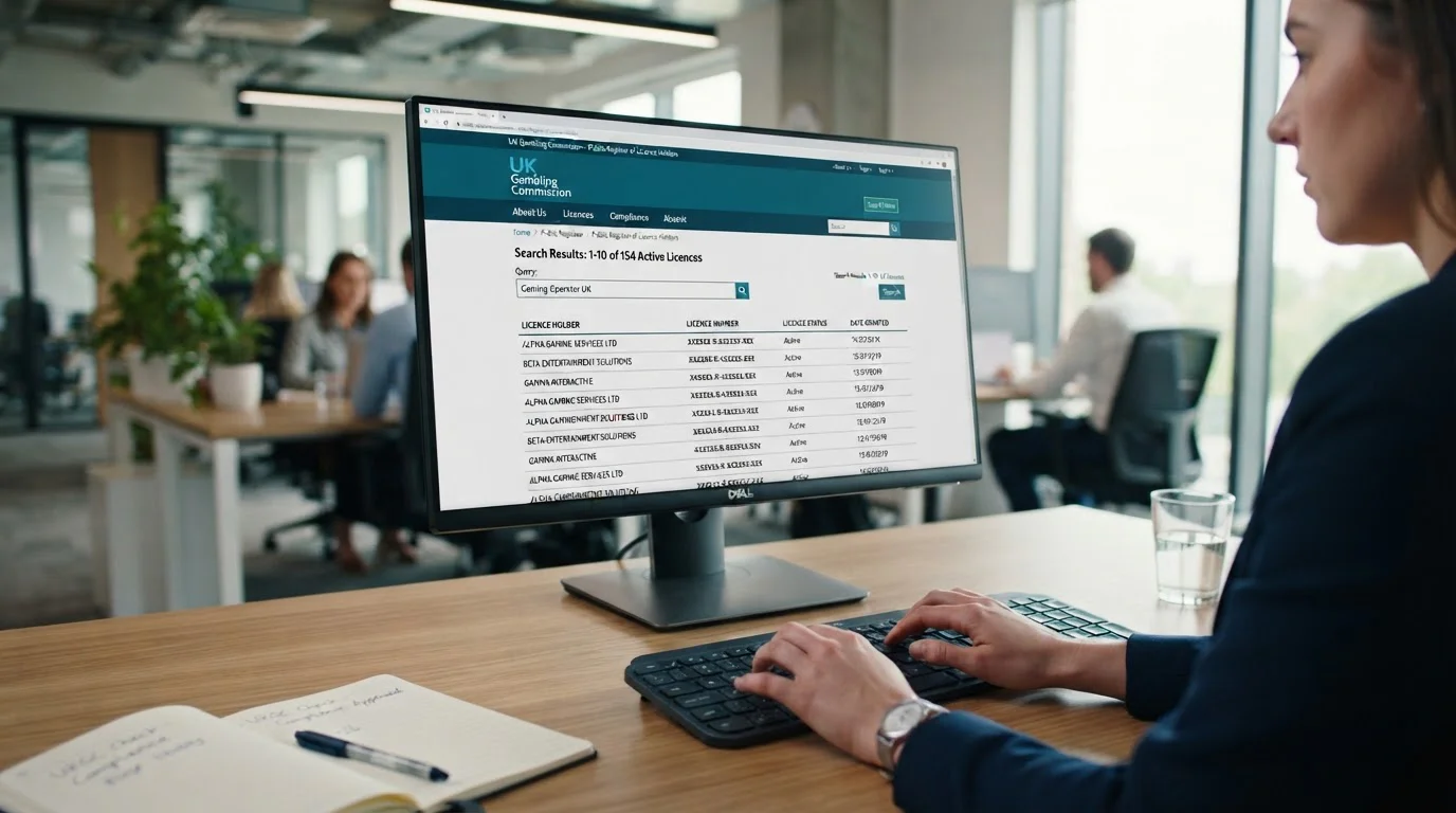 UKGC licence register search interface showing verification process