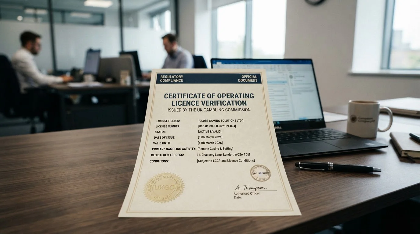 UKGC licence verification document showing active remote casino operating licence status