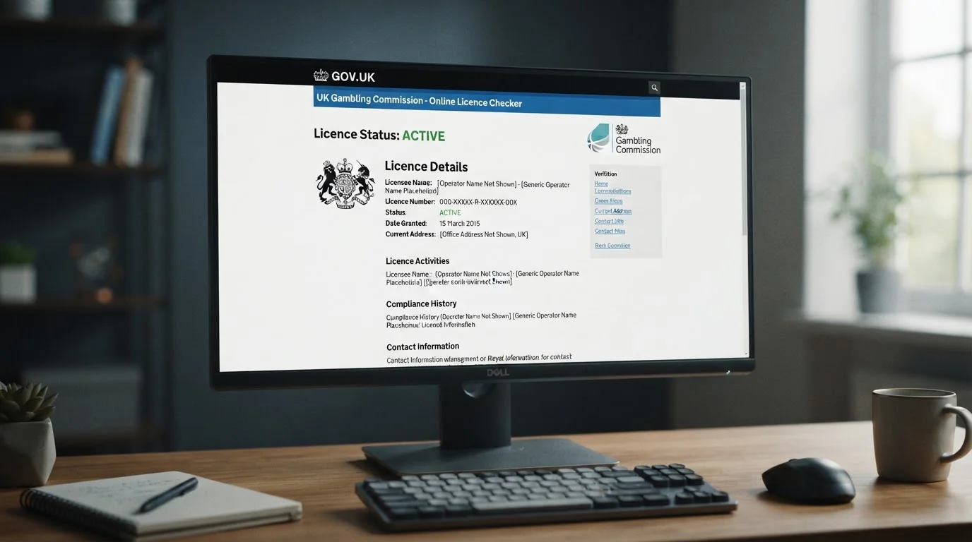 UK Gambling Commission licence verification page on computer screen with active licence status