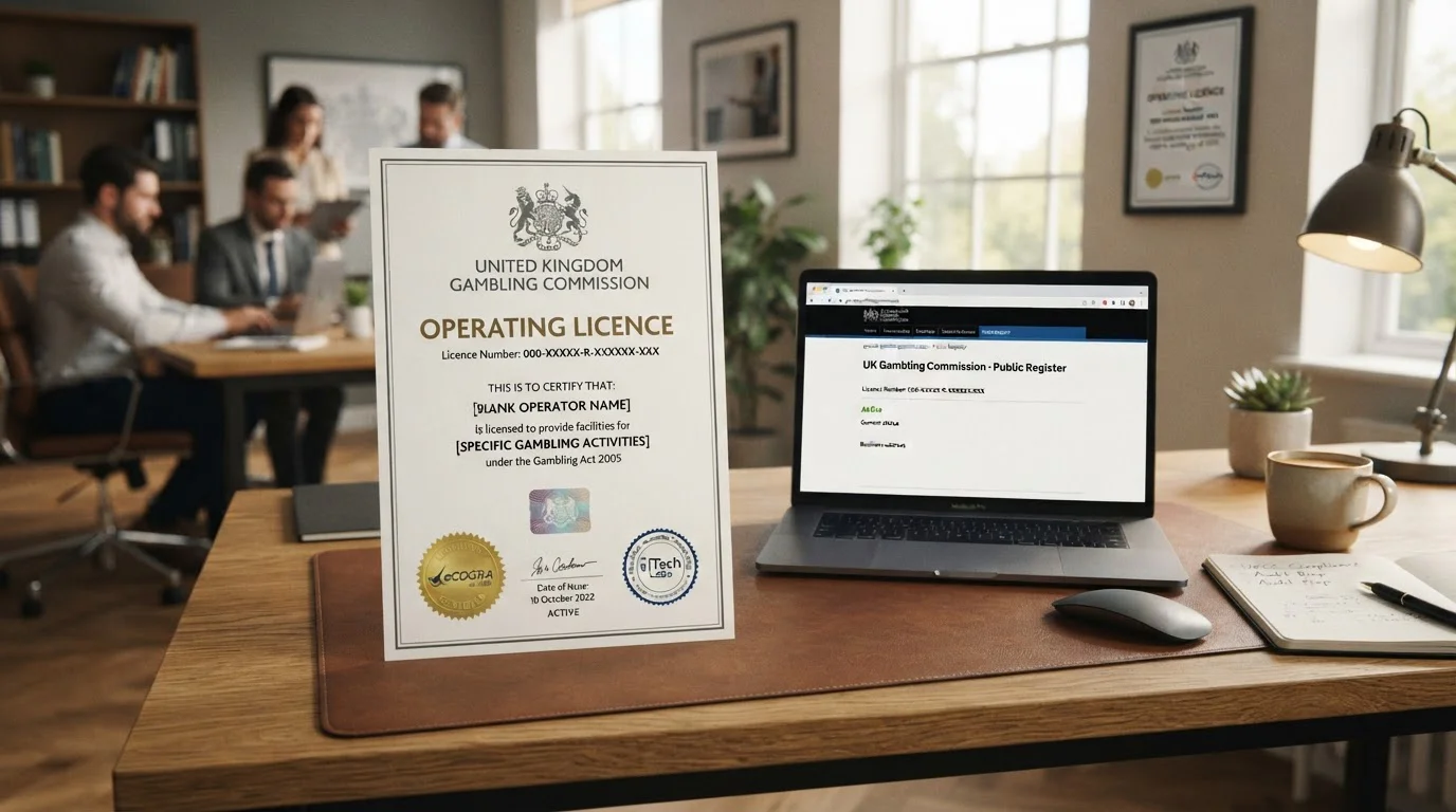 UK Gambling Commission licence certificate with eCOGRA and iTech Labs certification seals