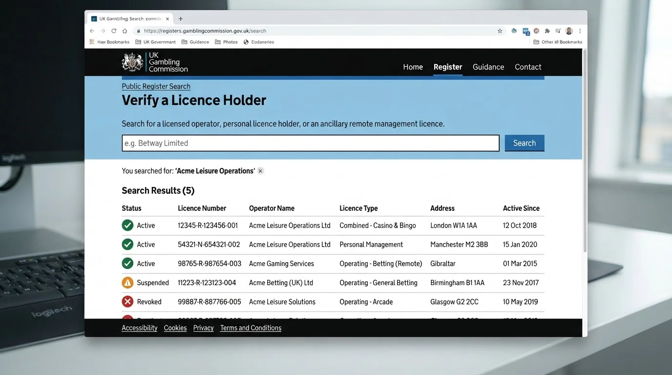 Screenshot of UK Gambling Commission public register search interface showing licence verification steps