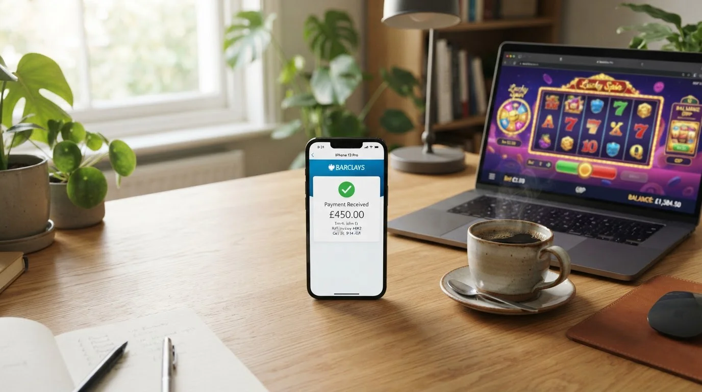 Smartphone showing payment received notification next to laptop with casino interface