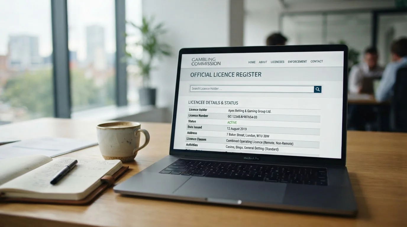 UK Gambling Commission licence register displayed on a laptop screen