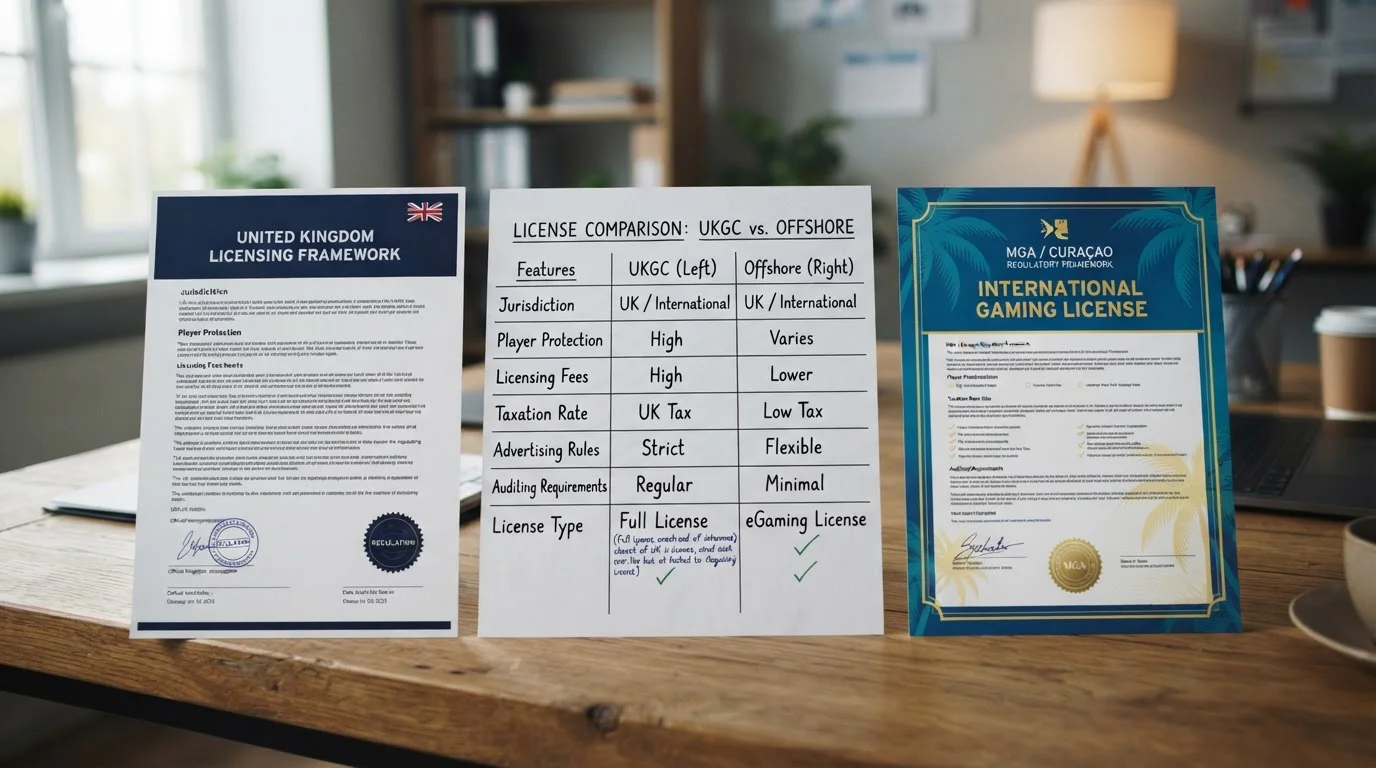 UKGC licence badge and offshore MGA licence badge with comparison chart