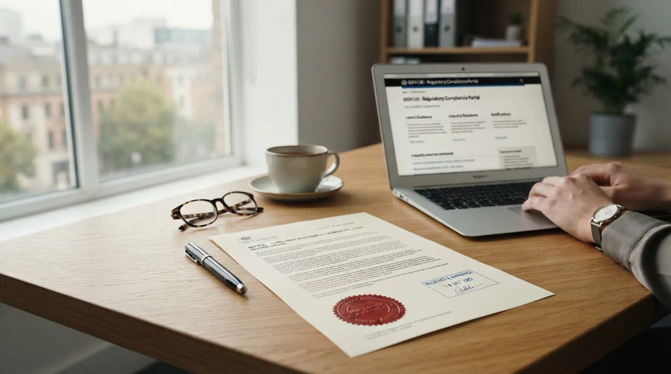 UK regulatory document with official stamp beside laptop showing government website interface