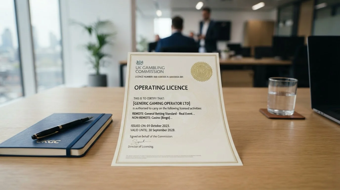 UK Gambling Commission licence document on an office desk