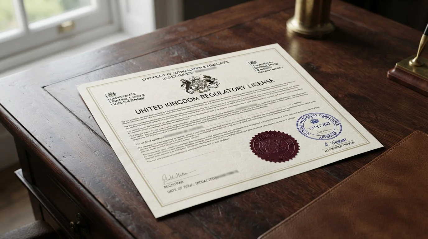 UK Gambling Commission licence certificate with official regulatory stamp