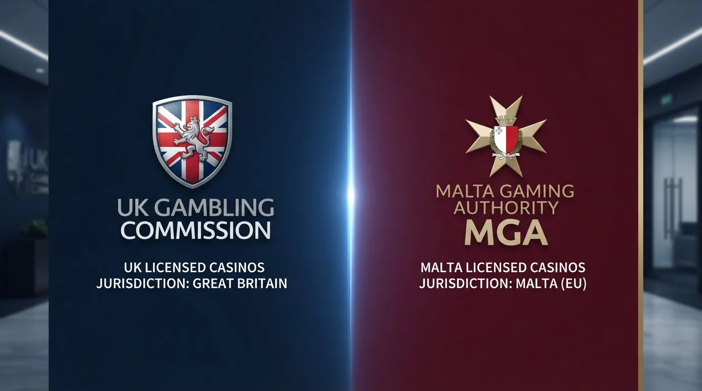 Split-screen comparison: UKGC shield logo versus MGA Malta cross emblem with vs. divider