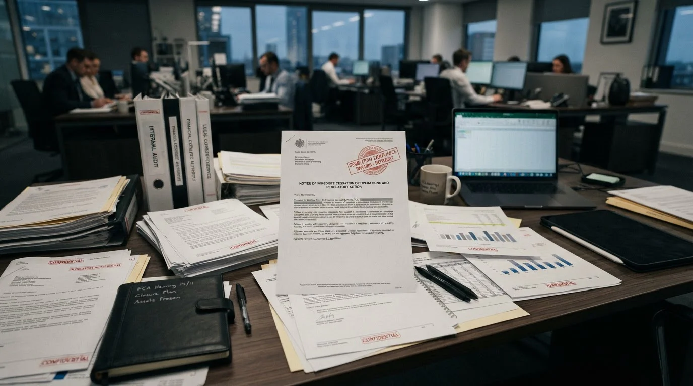 Defunct payment service documentation showing closure notice and regulatory issues