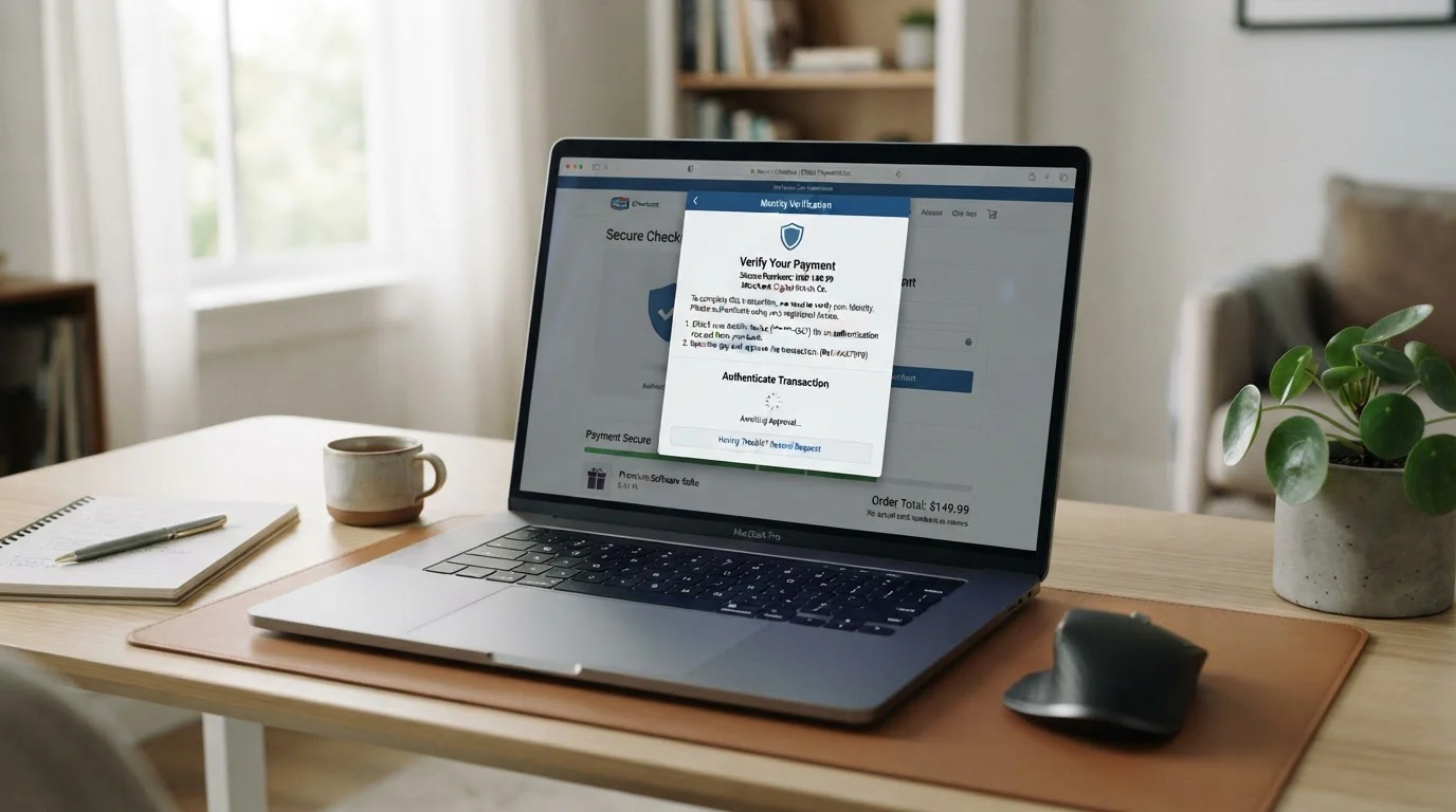 Laptop screen showing secure Visa Debit payment process with 3D authentication