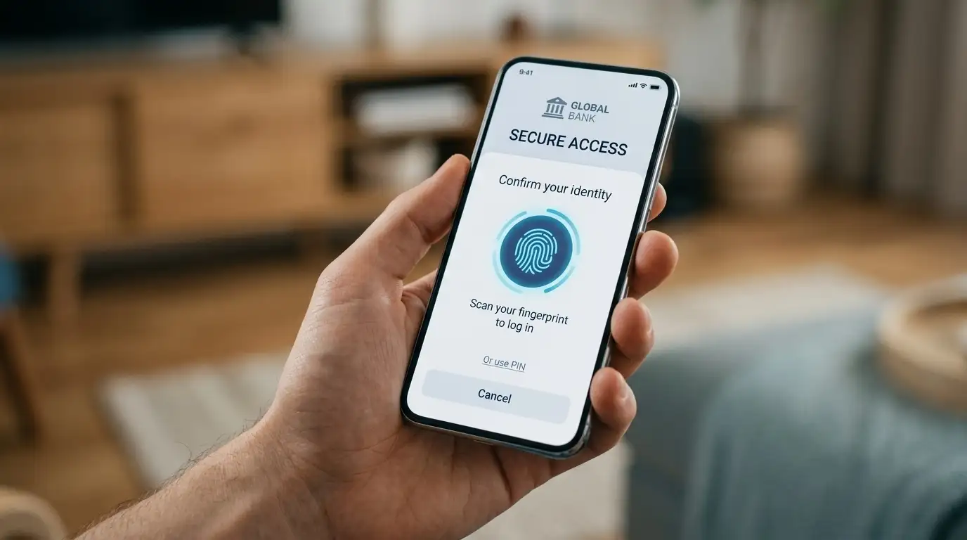 Mobile phone displaying secure banking app authentication for casino deposit