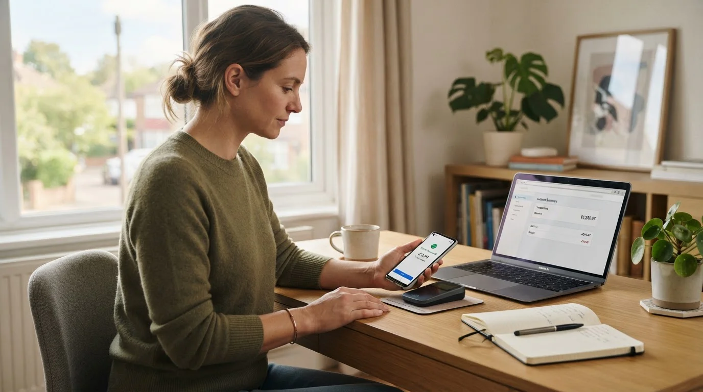 Person using smartphone for instant mobile payment at desk