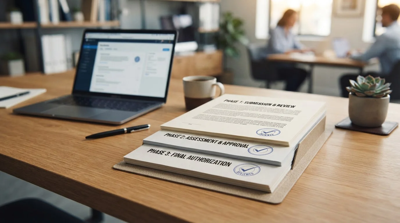 Three documents representing approval stages stacked on office desk