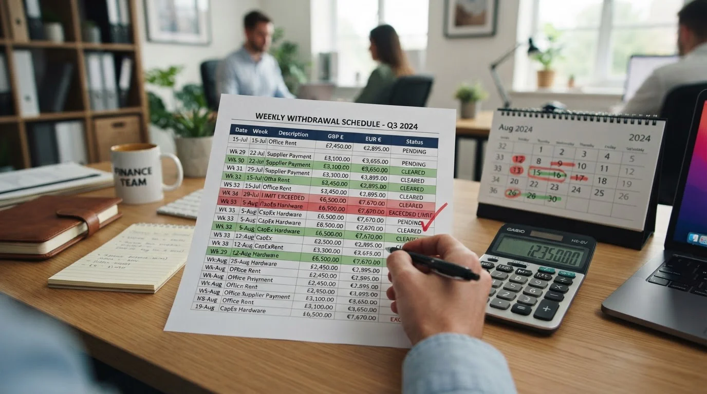 Printed withdrawal schedule spreadsheet with calculator and calendar showing weekly caps
