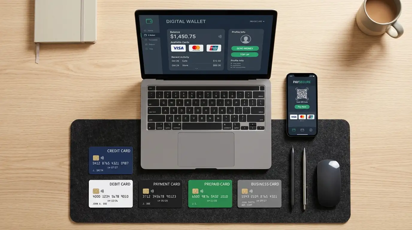 Laptop showing e-wallet interface with payment cards and smartphone on desk