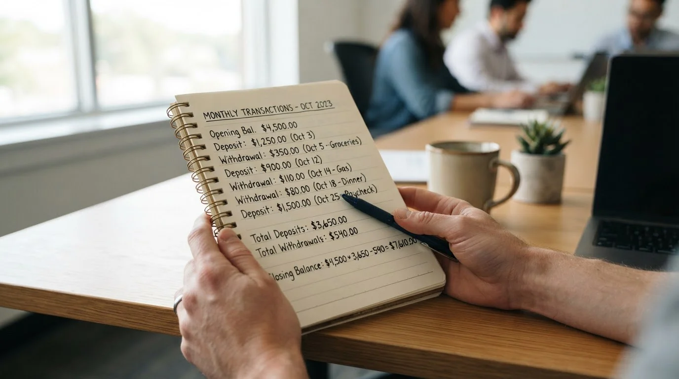 Close-up of notepad with handwritten deposit and withdrawal calculations