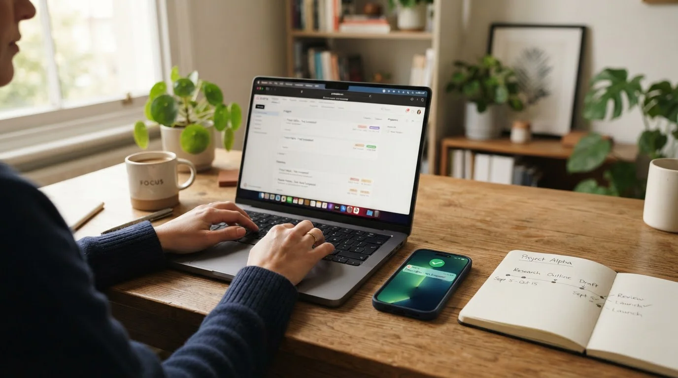 Hands typing on laptop beside smartphone showing checkmark notification and notepad with timeline sketch