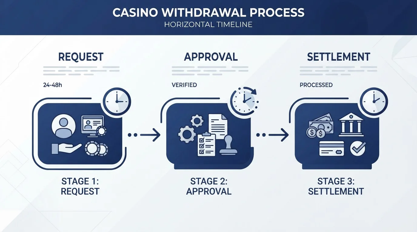 Timeline diagram showing withdrawal approval stages from casino request to bank account settlement