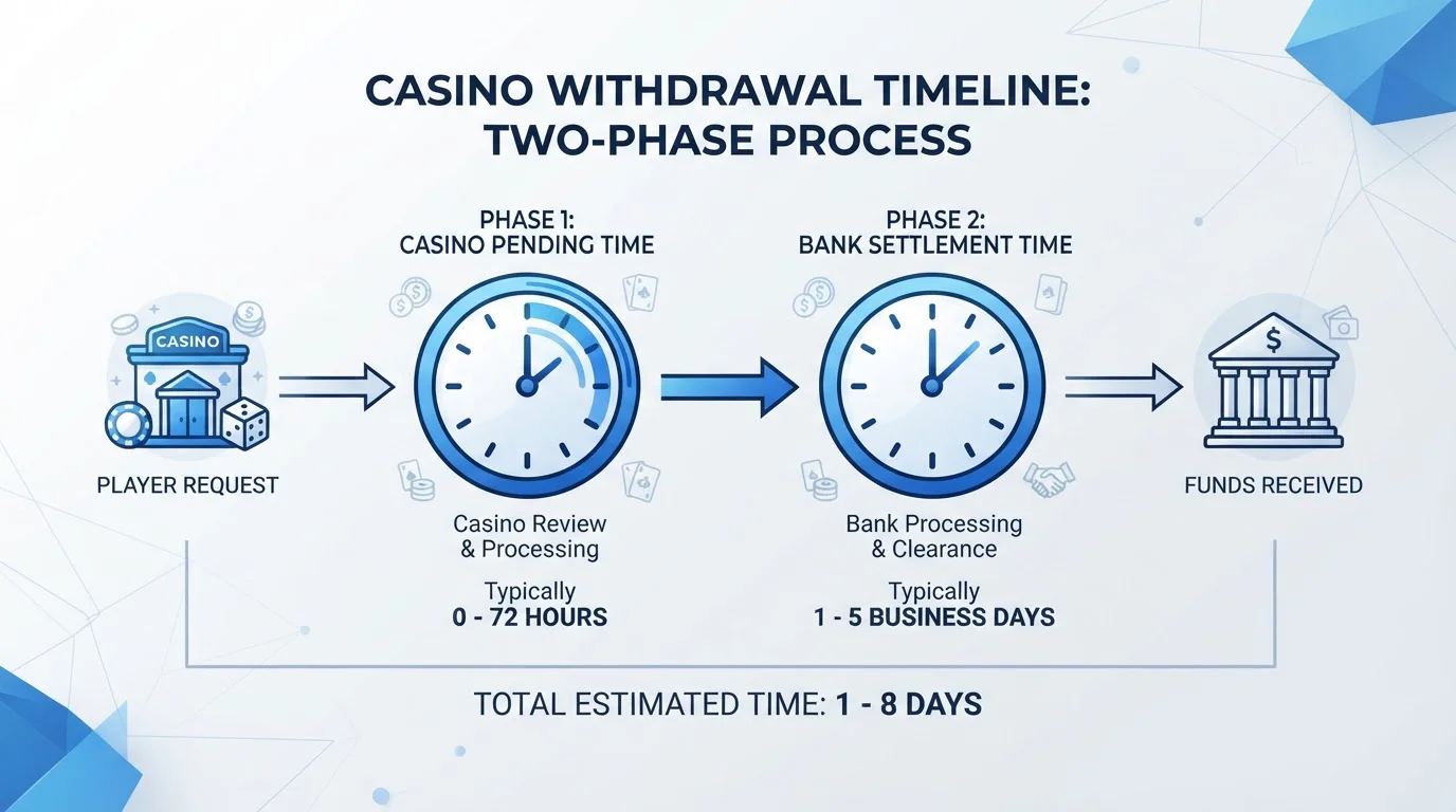 Clock diagram showing casino pending time versus bank settlement time for UK withdrawals