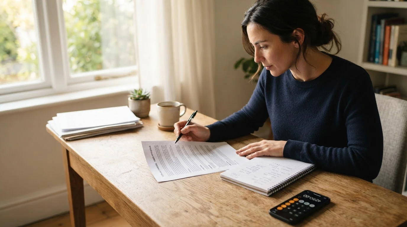 Person reading casino bonus terms document with calculator and notepad beside them
