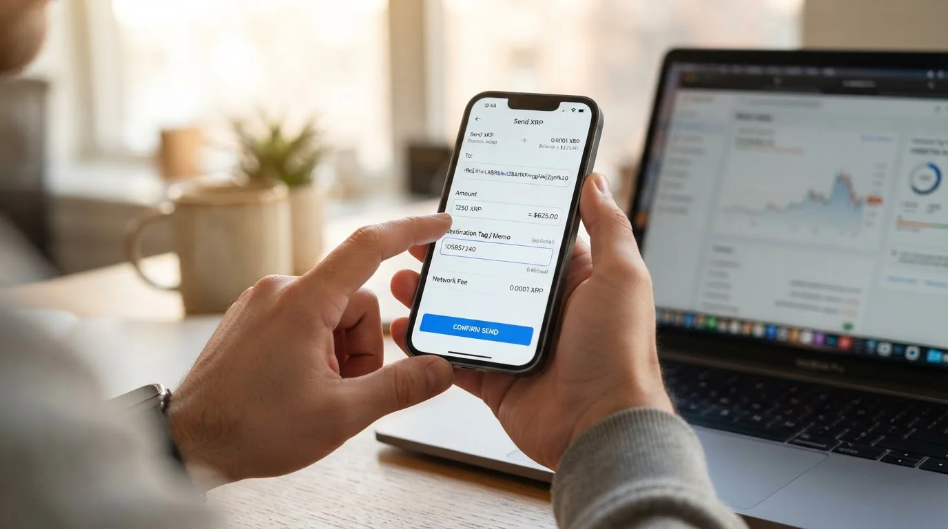 Person reviewing XRP wallet transaction with destination tag field visible on smartphone screen