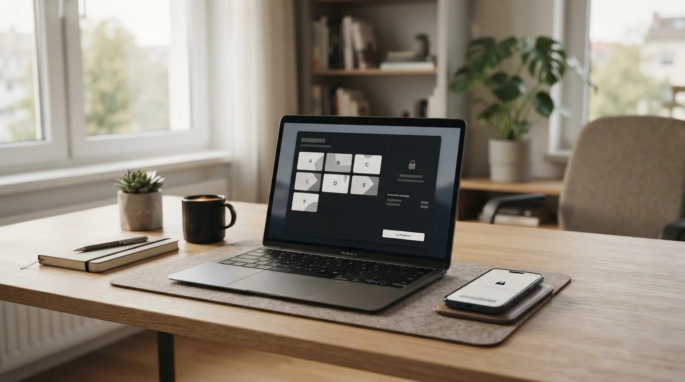 Clean modern desk with laptop showing casino cashier interface and multiple payment options